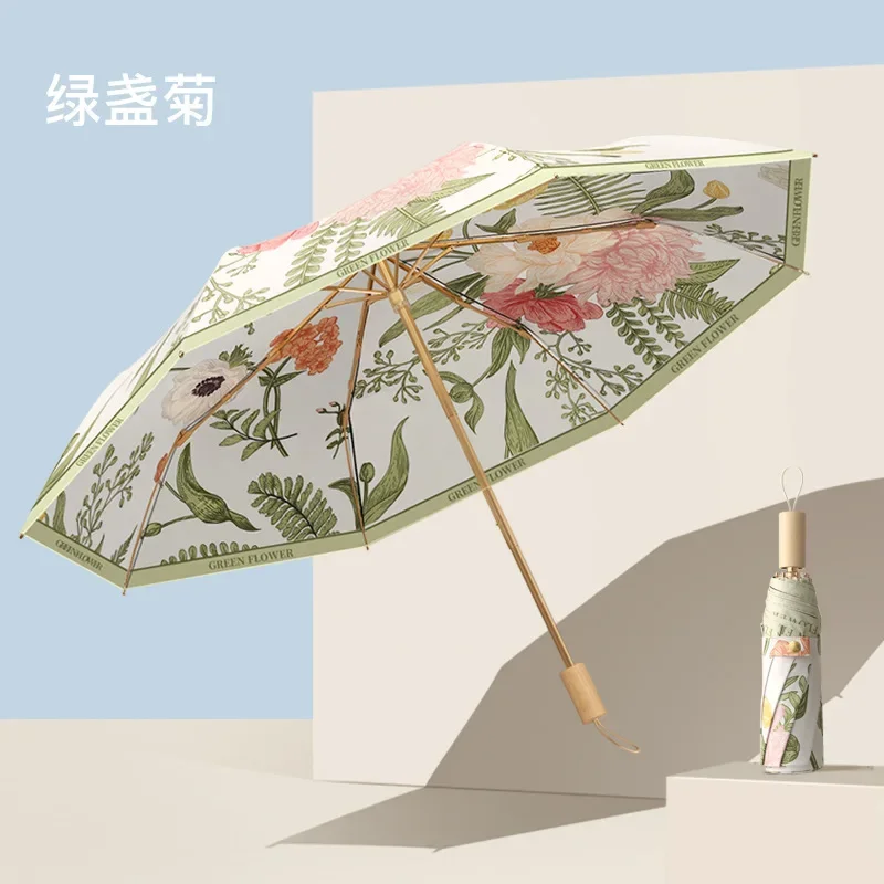 Guarda-chuva Dobrável Minimalista Com Cabo De Madeira Maciça E Estampa Dupla Face (green Daisy), Proteção Solar E Contra Chuva Upf50+.