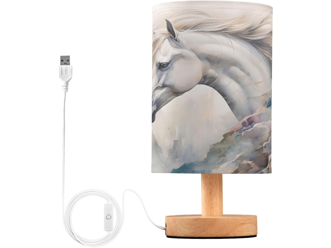 Luminária De Mesa Mnsruu Para Quarto E Sala Estar, Com Pintura A Óleo De Um Cavalo Branco, Luminária De Cabeceira Com