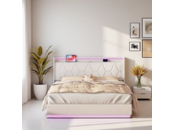 Cama de Casal Branca 160x200 Cm em Veludo, Cabeceira Estofada, Led, Usb, Faixas de Luz, SIMURQ