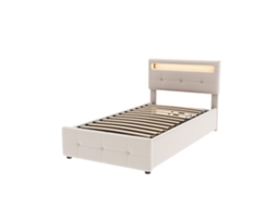 Cama Infantil Estofada 90x200 Cm com Led,arrumação Hidráulica,cabeceira Ajustável,solteiro Alta,tecido Aveludado Bege PAPRIKA