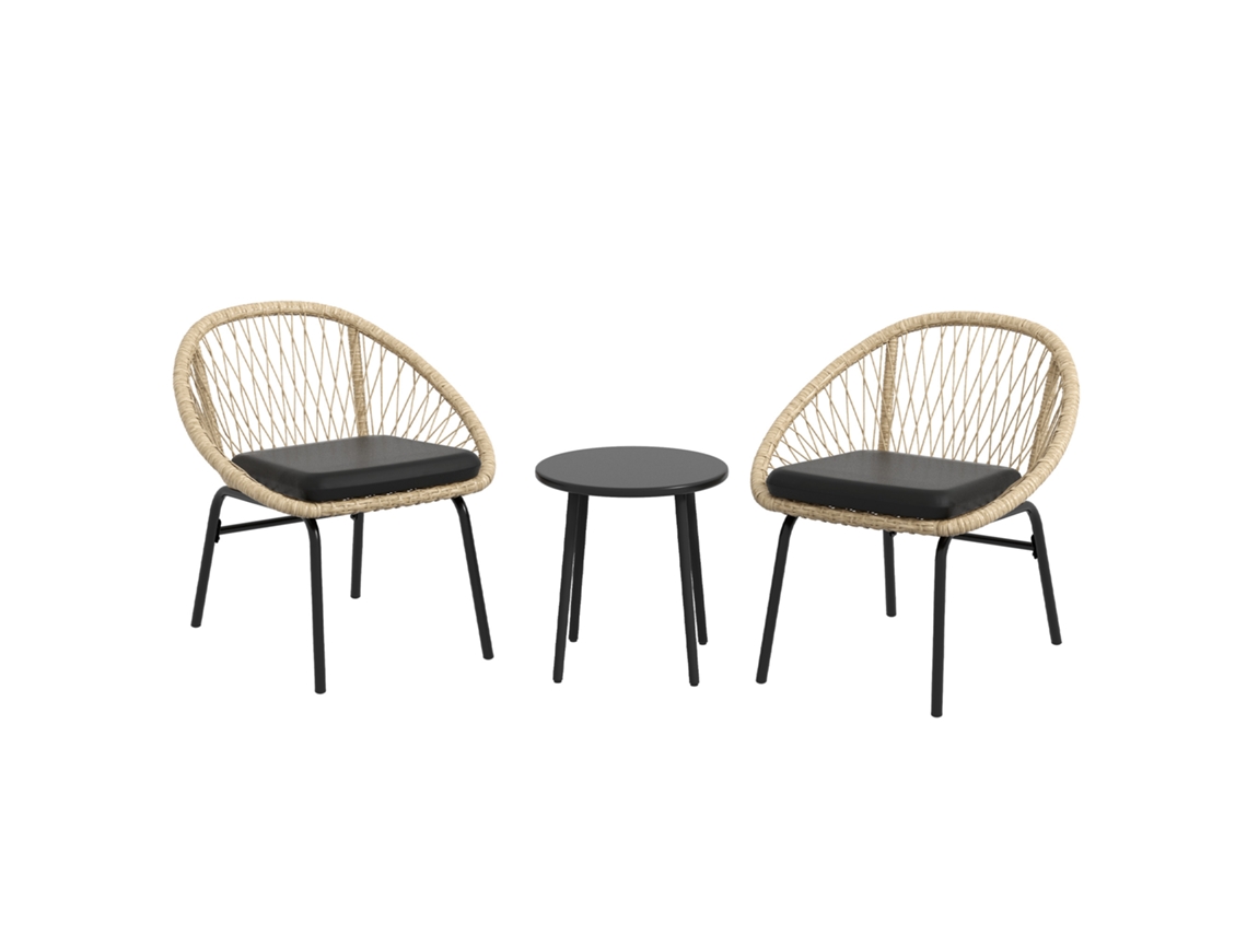 Conjunto Rattan 3 Peças Mesa 2 Cadeiras Almofadas Amarelo VELTRIX