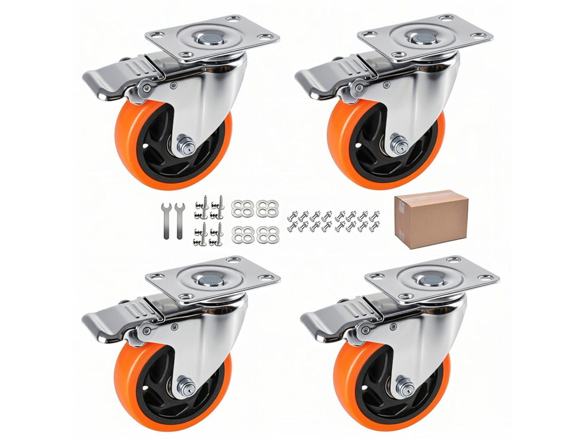 Conjunto 4 Rodízios Giratórios 125 Mm Com Freio Duplo Capacidade 630 Kg Uso Industrial