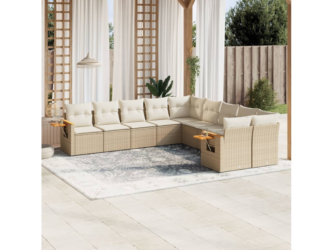 Vidaxl 10 Pcs Conjunto De Sofás P/ Jardim Com Almofadões Vime Pe Bege