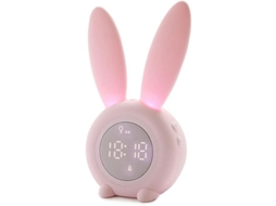 Despertador em formato de coelho com luz noturna programável, visor de hora/data/temperatura, controle por voz e 6 toques de alarme.