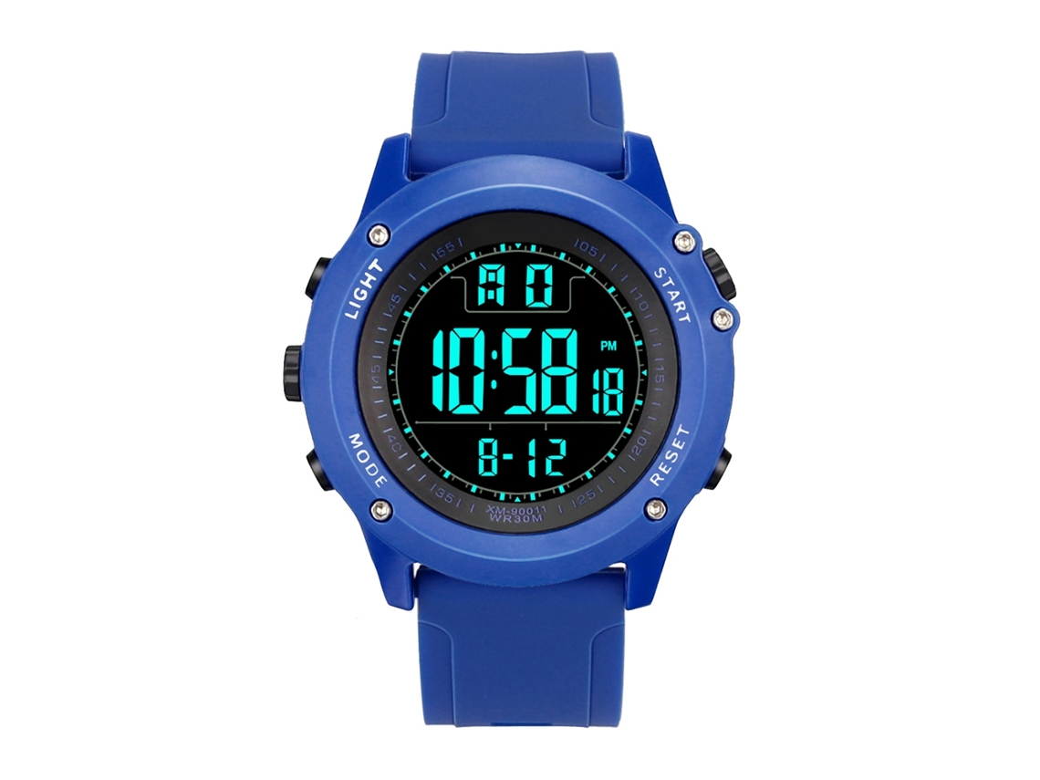Relógio esportivo eletrônico masculino com pulseira de silicone e visor digital azul celeste.