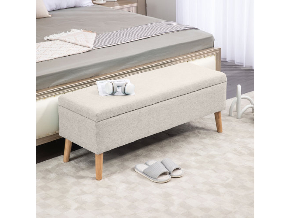 Banco de corredor Ehstmind em madeira de seringueira com armazenamento, 110 x 39 x 45 cm, bege com textura de linho, para quarto, sala de estar ou corredor