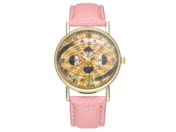 Relógio de pulso de quartzo com pulseira de PU e mostrador redondo com padrão espacial para mulheres e homens (rosa)