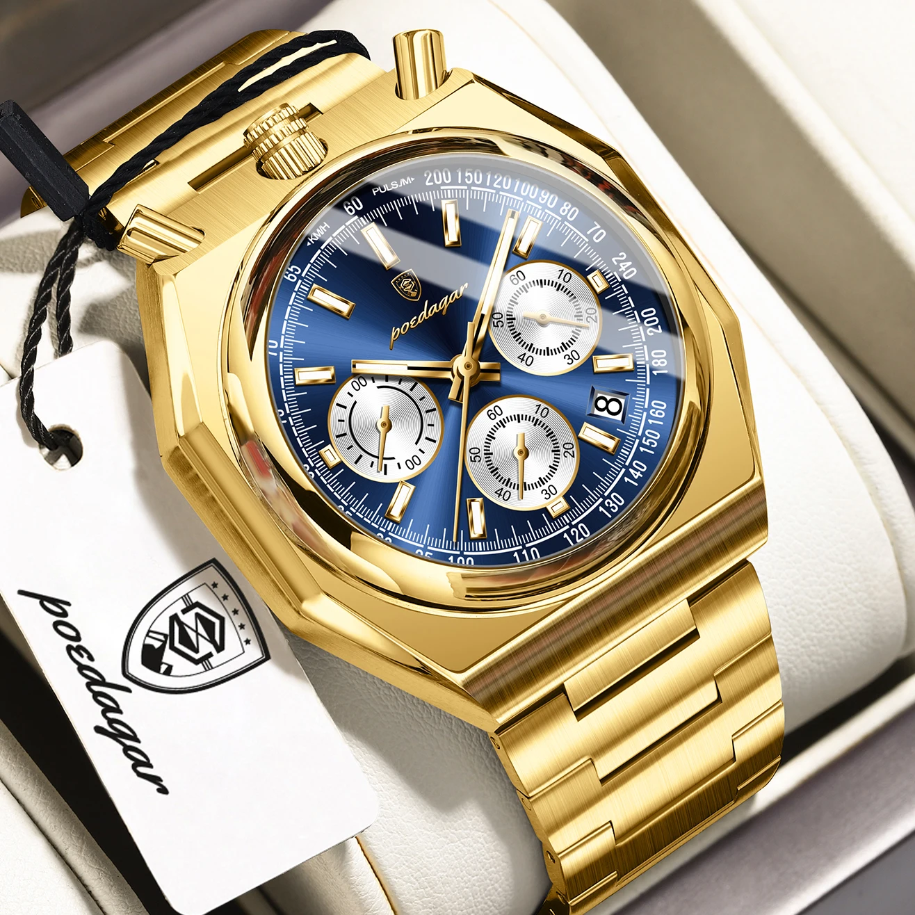 Relógio Masculino Funcional (dourado E Azul), Luminoso, Resistente À Água, Com Cronógrafo E Data, Movimento De Quartzo.