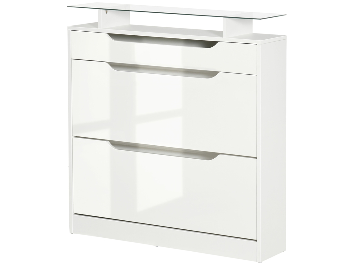 Móvel Sapateiro De 2 Portas Estreito Para 16 Pares De Com Gaveta Prateleira Aberta E Bancada De Vidro Para Corredor Entrada 89x23x96cm Branco