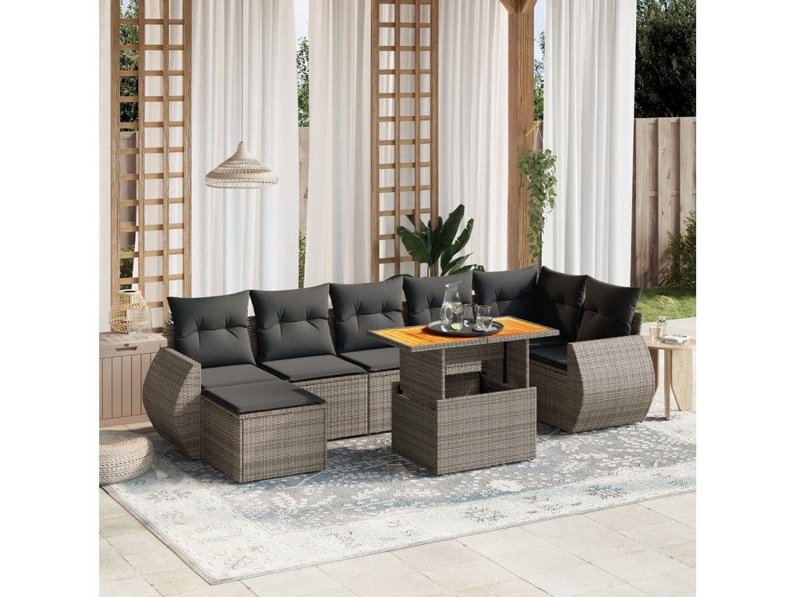 Vidaxl 8 Pcs Conjunto Sofás De Jardim C/ Almofadões Vime Pe Cinzento