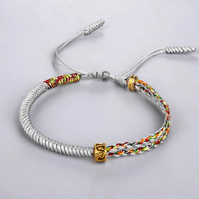 Pulseira Tibetana Budista Artesanal Com Contas De Oração De Seis Sílabas, Feita Em Cordão De Algodão Trançado, Cor Cinza.