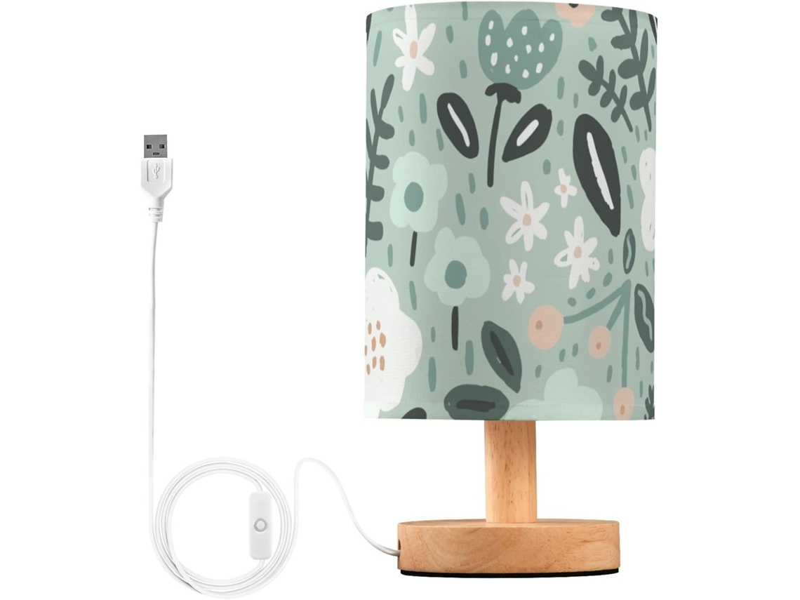 Luminária de mesa LED Kll com USB, design Furacão com flores e folhas em verde menta