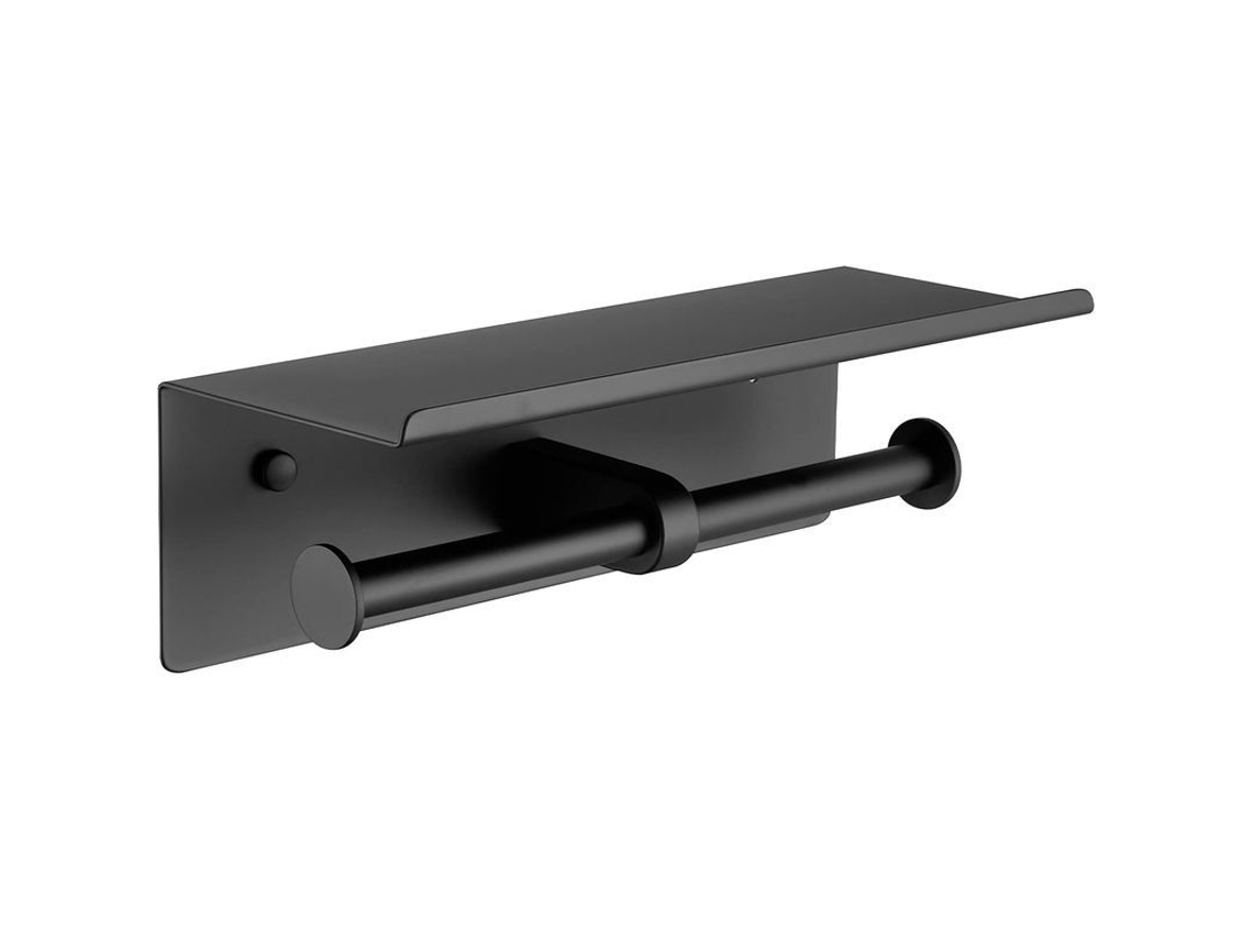 Porta Rollos De Baño Negro 2 Rollos Doble Rack Acero Inoxidable Pared Montado Con Estante