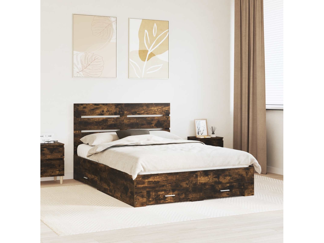 Vidaxl Estrutura Da Cama Com Gaveta Carvalho Defumado 140 X 190 Cm