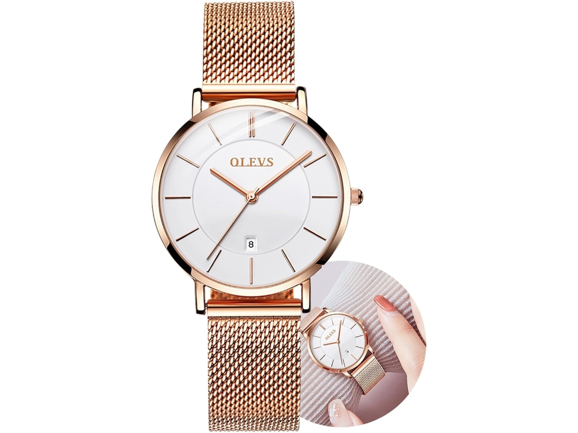 Lurelia Relógio Feminino, Movimento De Quartzo, Data/calendário, Aço Inoxidável, Rosa Ouro, Branco