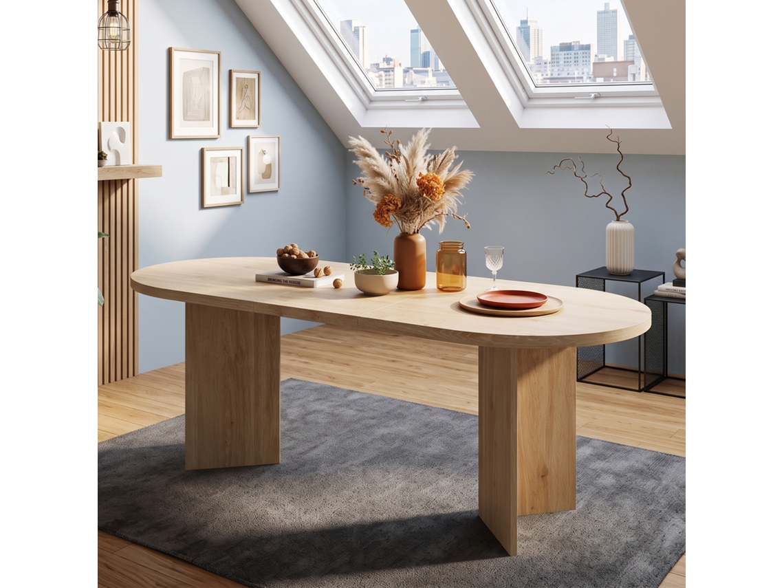Mesa De Jantar 200×90cm Para 6-8 Pessoas, Cantos Arredondados, Tampo Espesso Estilo Simples Tom Carvalho