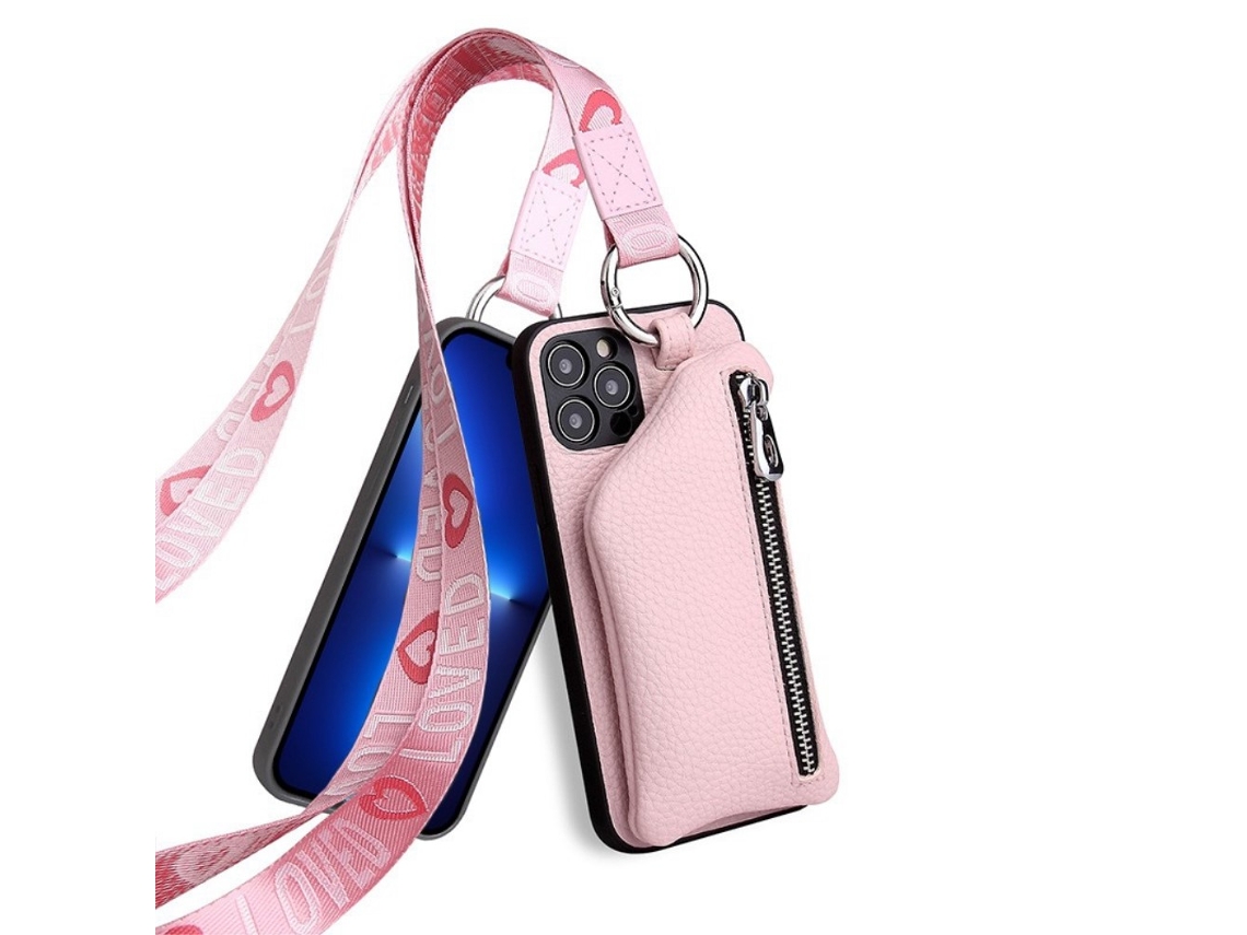 Capa Com Cordão Quedas Inch Para Iphone 13 Pro Max Pele Sintética Rosa