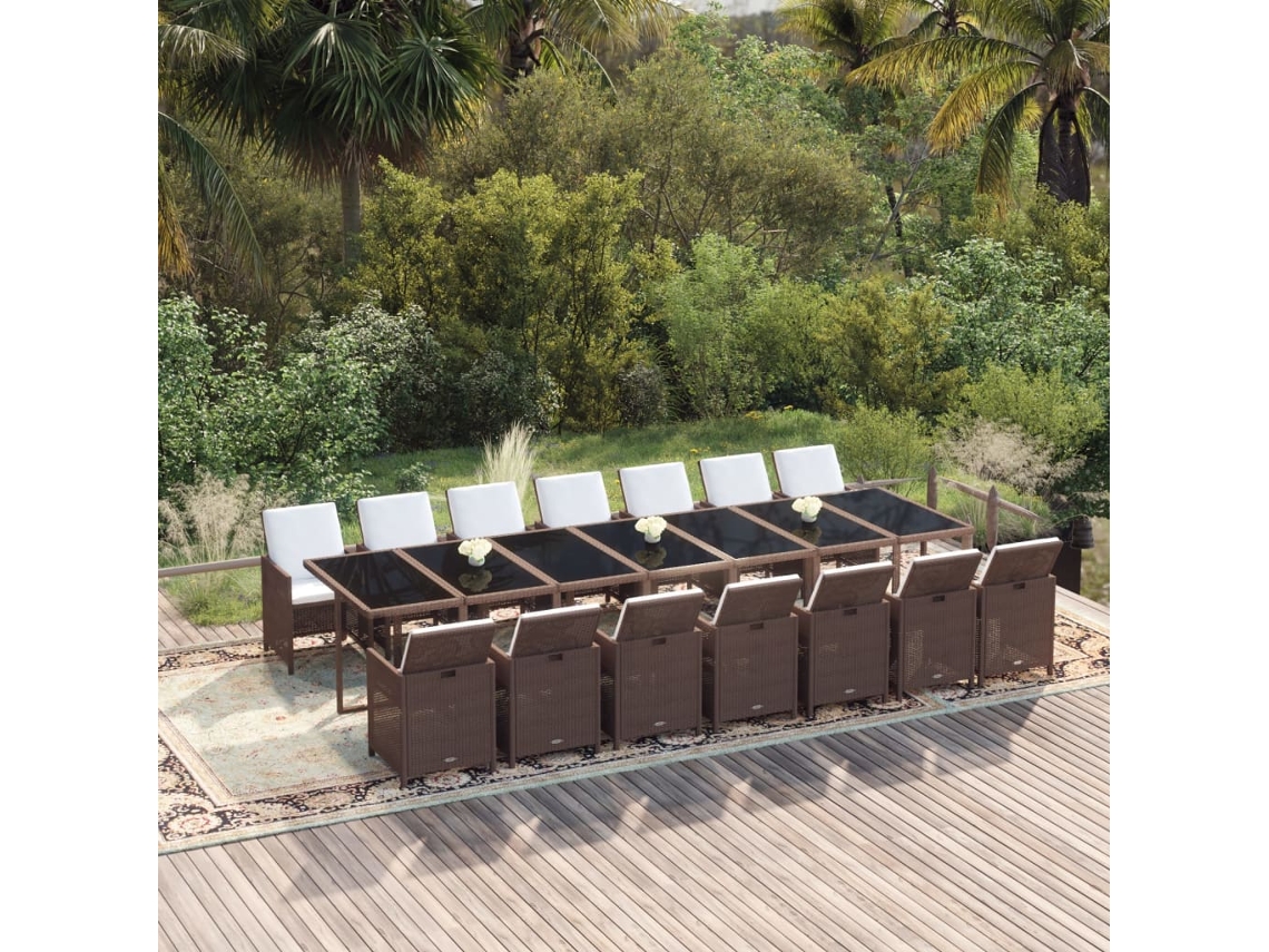 Vidaxl 15 Pcs Conjunto Jantar P/ Jardim C/ Almofadões Vime Pe Castanho
