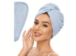 Toalha Feminina Absorvente para Secar o Cabelo com Xale de Botão. MDUG (azul, 25 Cm X 65 Cm)