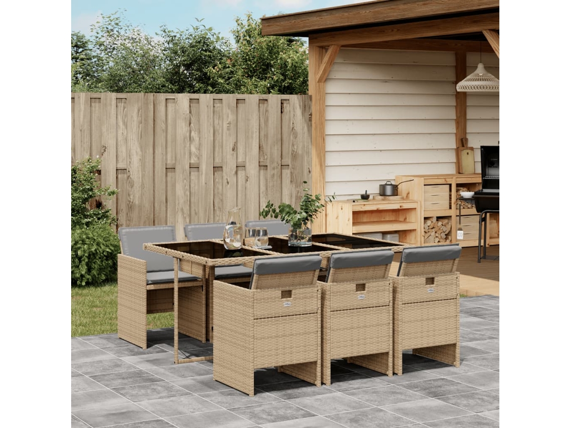 Conjunto 7 Peças Jantar Jardim C/ Almofadões Vime Pe Bege Misturado Dkd Home Decor