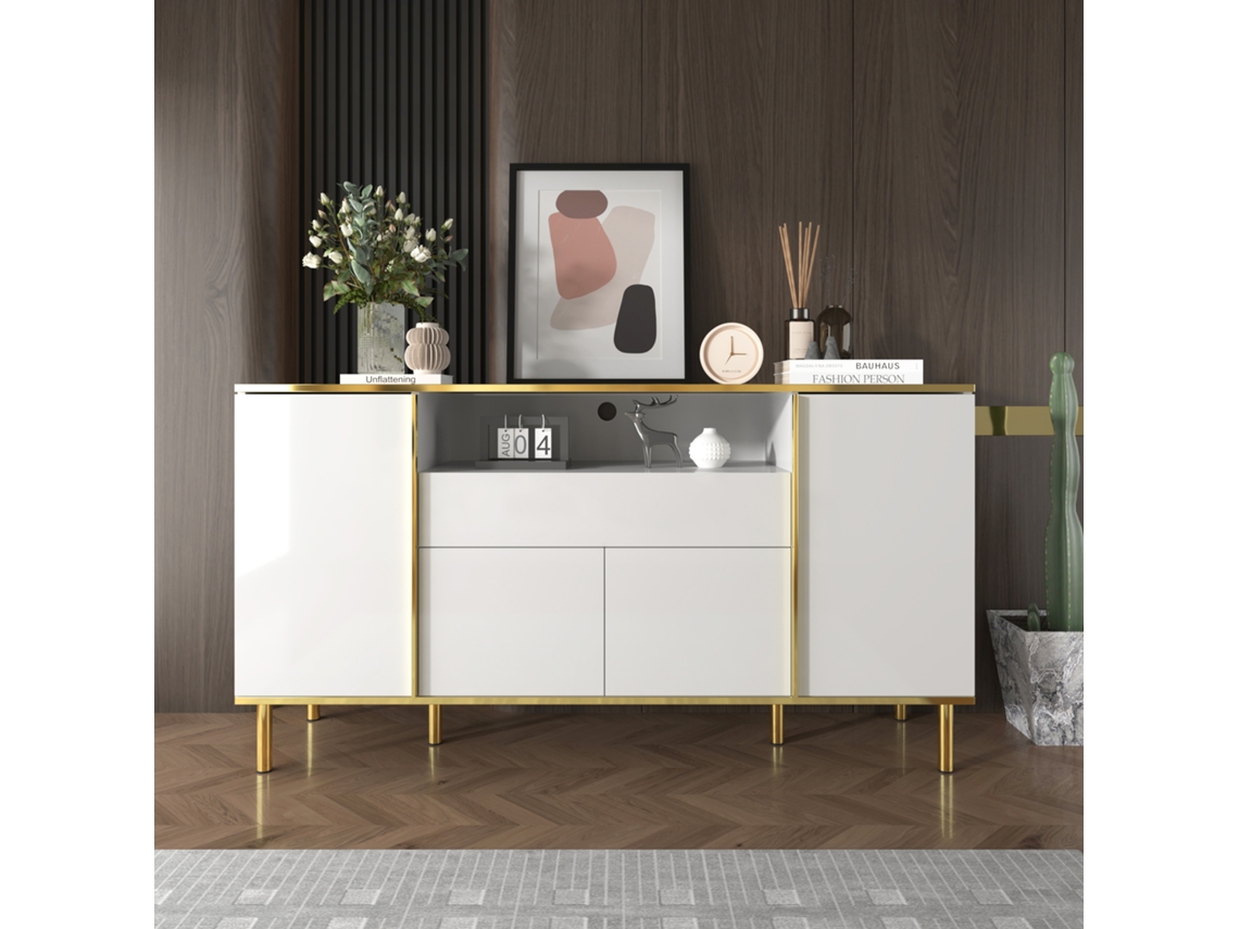 Comoda Brilhante Branca Com 1 Gaveta Para Quarto Sideboard Elegante 150x40x80cm Móvel Moderno De Armazenamento Mega Echo Trade Shop