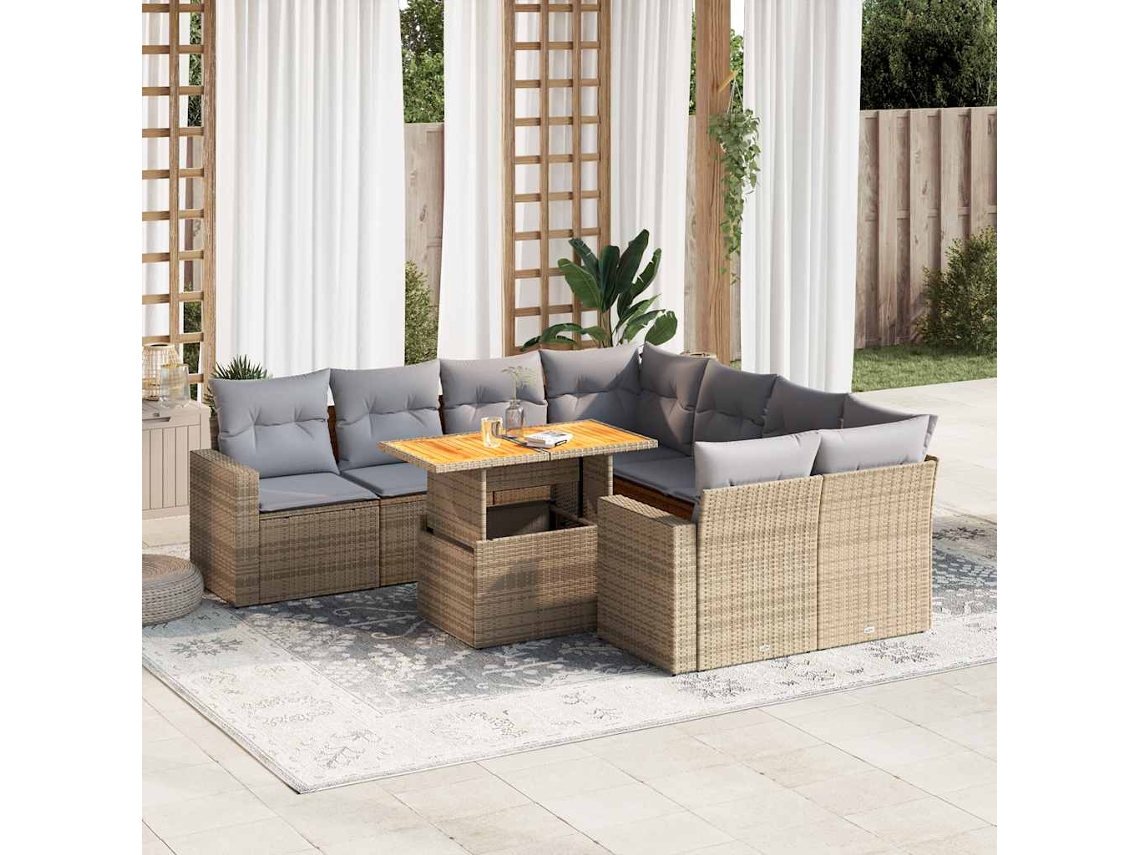 Vidaxl 9 Pcs Conjunto De Sofás P/ Jardim Com Almofadões Vime Pe Bege