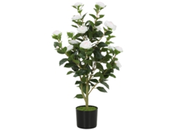 Planta Falsa de Camélia com Flores Realistas.176 Folhas em Peva e Vaso Preto em Pp Preenchido com Cimento.branco