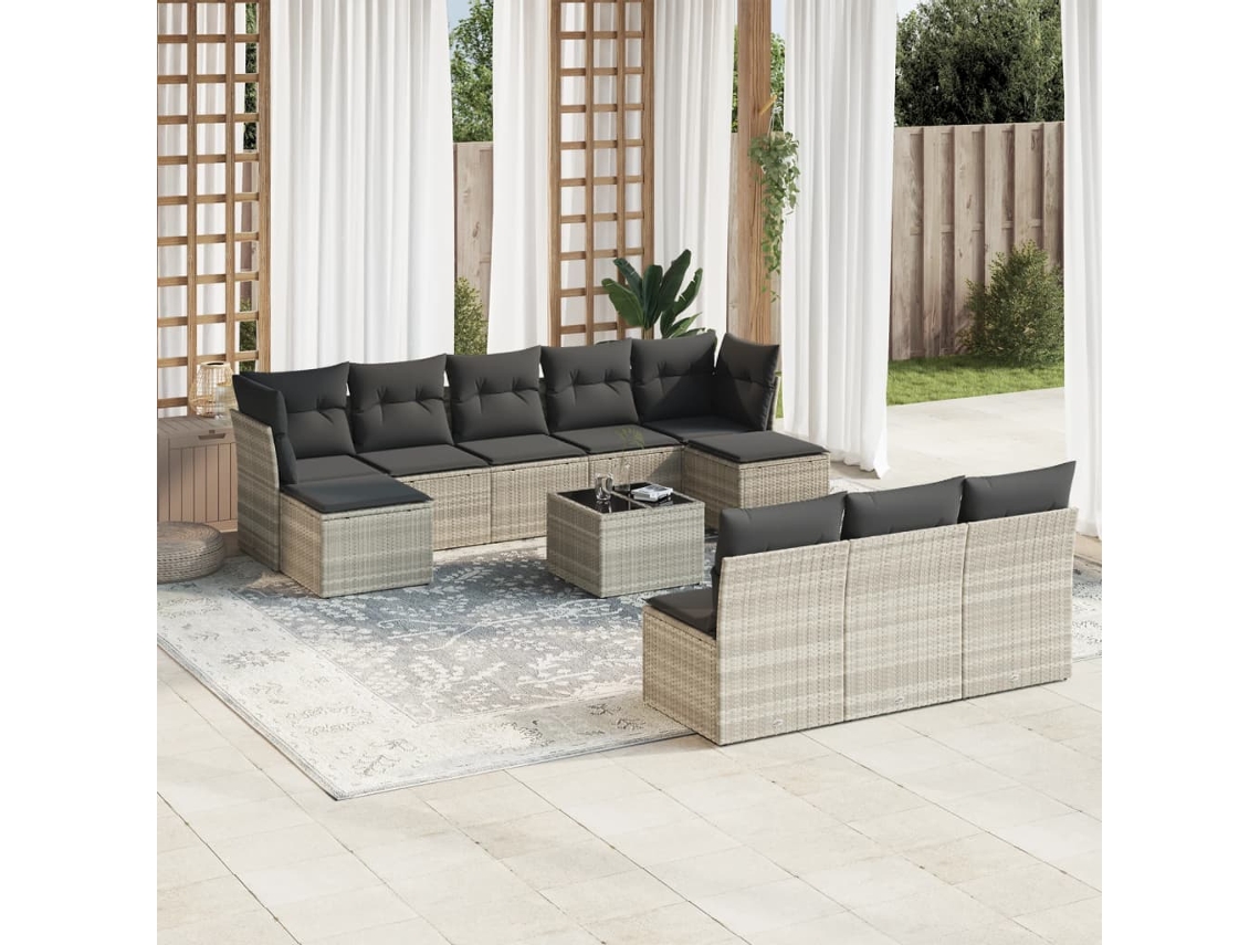 Vidaxl 11 Pcs Conjunto Sofás De Jardim C/ Almofadões Vime Pe Cinzento