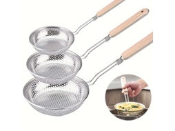 Escorredor De Aço Inoxidável Com Cabo De Madeira, 3 Peças Para Escorrer Massas, Macarrão E Fritar, Utensílios De Cozinha E Filtros De Óleo