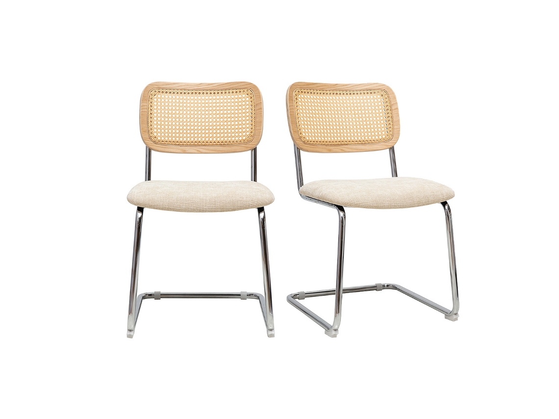 Sillas De Diseño En Tela Efecto Terciopelo Texturizado Beige, Metal Cromado Y Cannage De Ratán (pack De 2) Electra Miliboo