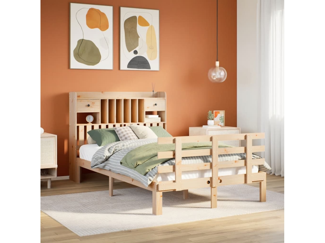 Vidaxl Cama com Estante Sem Colchão 135x190 Cm Pinho Maciço