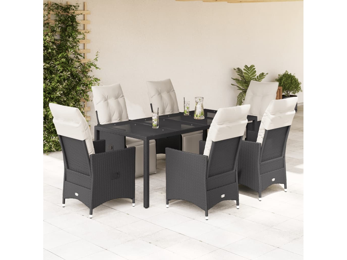 Vidaxl 7 Pcs Conjunto de Jantar P/ Jardim C/ Almofadões Vime Pe Preto