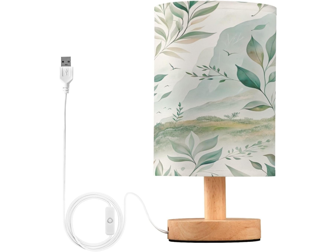 Abajur De Cabeceira Led Com Estampa Folha Verde, Ideal Para Quarto, Leitura Com Cúpula De Tecido, Base De Madeira E