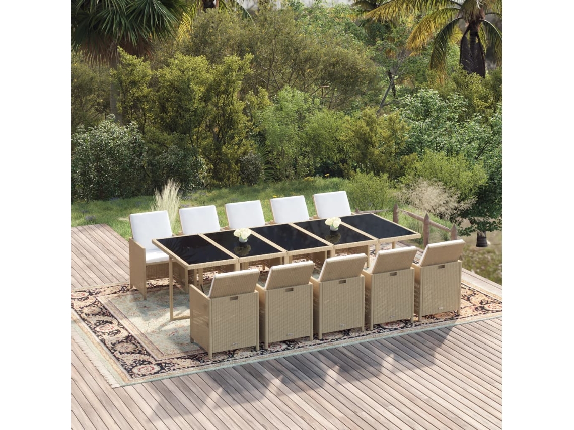 Vidaxl 11 Pcs Conjunto Jantar P/ Jardim C/ Almofadões Vime Pe Bege