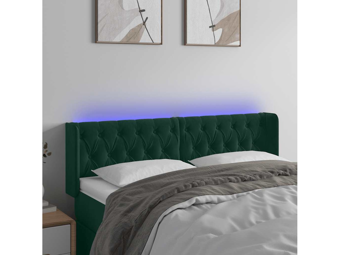 Vidaxl Cabeceira Cama C/ Luzes Led Veludo 147x16x78/88 Cm Verde-escuro