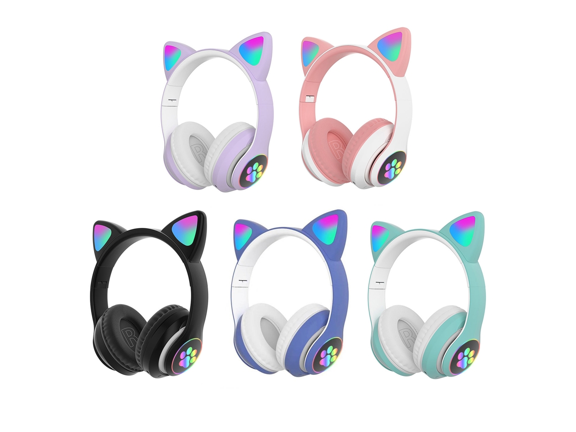 Fone De Ouvido Over Ear Com Design De Orelha De Gato Brilhante, Sem Fio Bt5.0, Led Colorido, Com Microfone, Aux E Cartão Tf