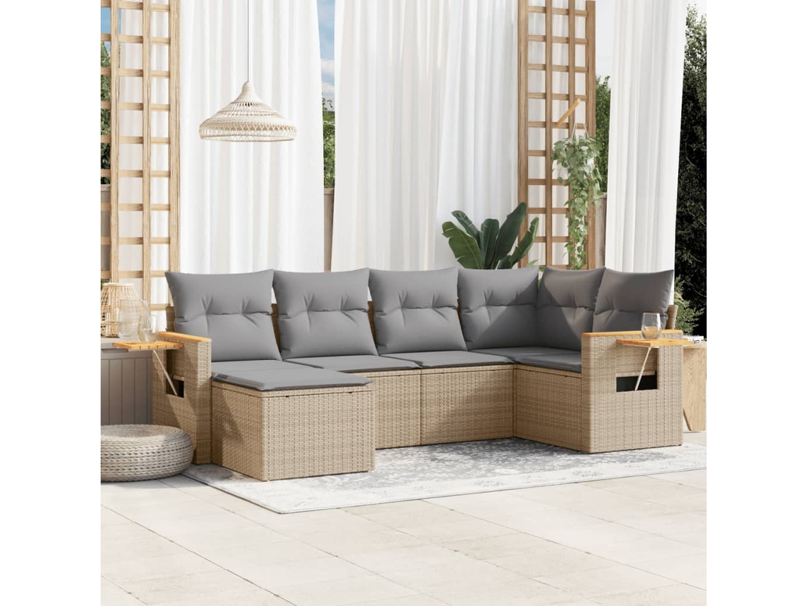 Vidaxl 6 Pcs Conjunto de Sofás P/ Jardim com Almofadões Vime Pe Bege
