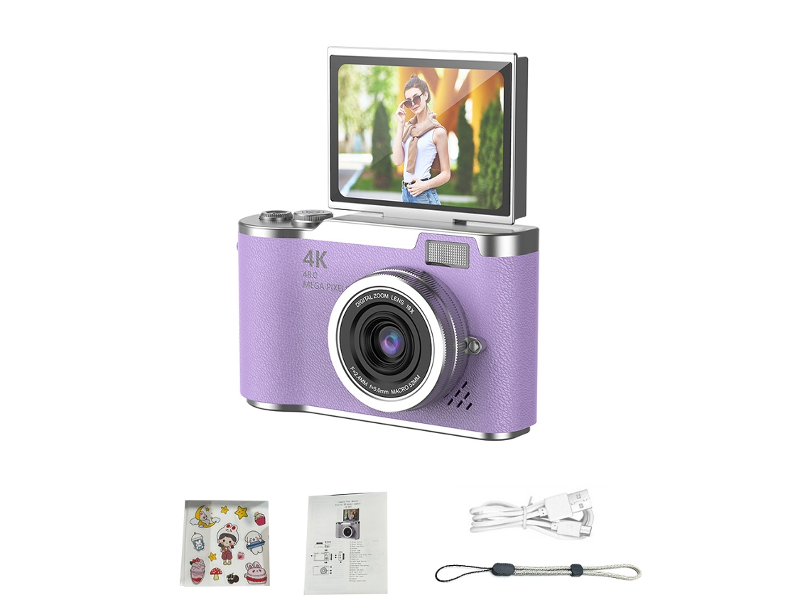 Câmera Digital 4K 48MP MDUG Infantil com Foco Automático e Tela de 2,4 Polegadas (Giratória em 180° roxo com 64GB)