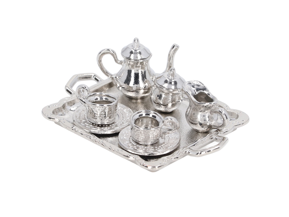 Mali conjunto de Chá Mini Metal em Escala 1/12 para Casa de Bonecas com Bandeja e Acessórios