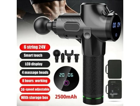 Pistola De Massagem Preta Tela Lcd 30 Velocidades Operação Sem Fio 4 Cabeças De Massagem Rokoo