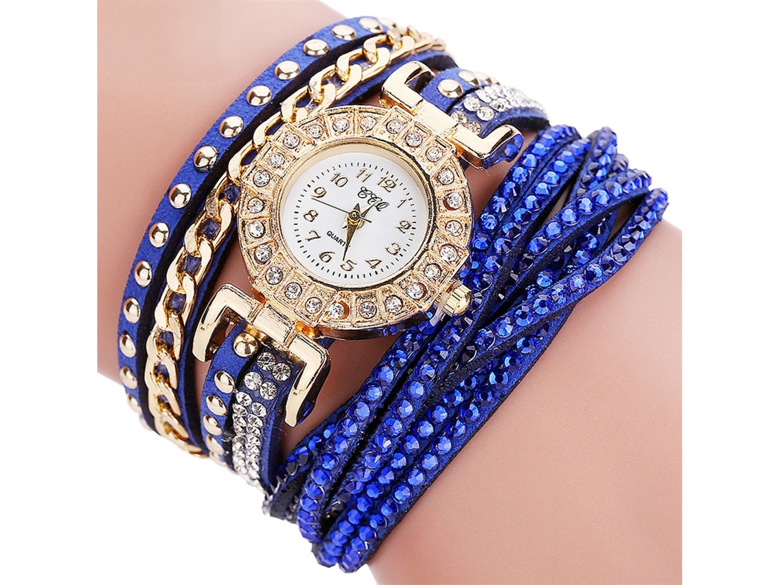 Relógio Pulseira Mulher de Liga com Quartzo e Pedras Artificiais Multicamada Azul