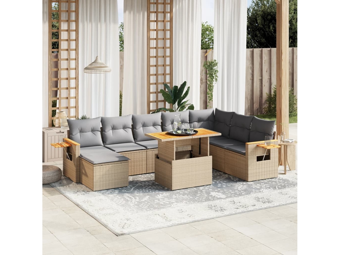 Vidaxl 9 Pcs Conjunto De Sofás P/ Jardim Com Almofadões Vime Pe Bege