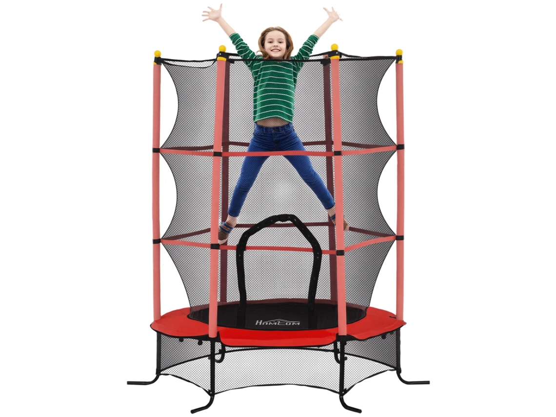 Trampolim Infantil Ø1,6x1,9 m com Rede de Segurança e Postes Acolchoados, para crianças de 3 a 10 anos, vermelho BTFORUS