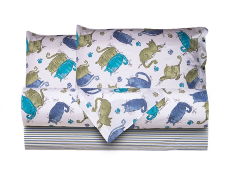 Conjunto de Lençol com Estampa Fantasia 100% Algodão Feito na Itália Cama de Casal Gatos Azuis