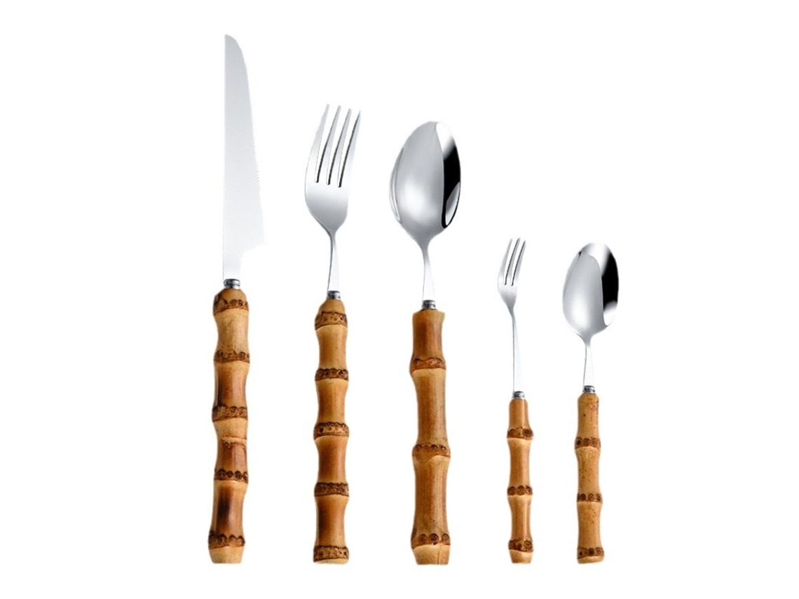 Conjunto De Utensílios De Mesa Em Aço Inoxidável Com Cabo De Bambu 5 Peças Prata