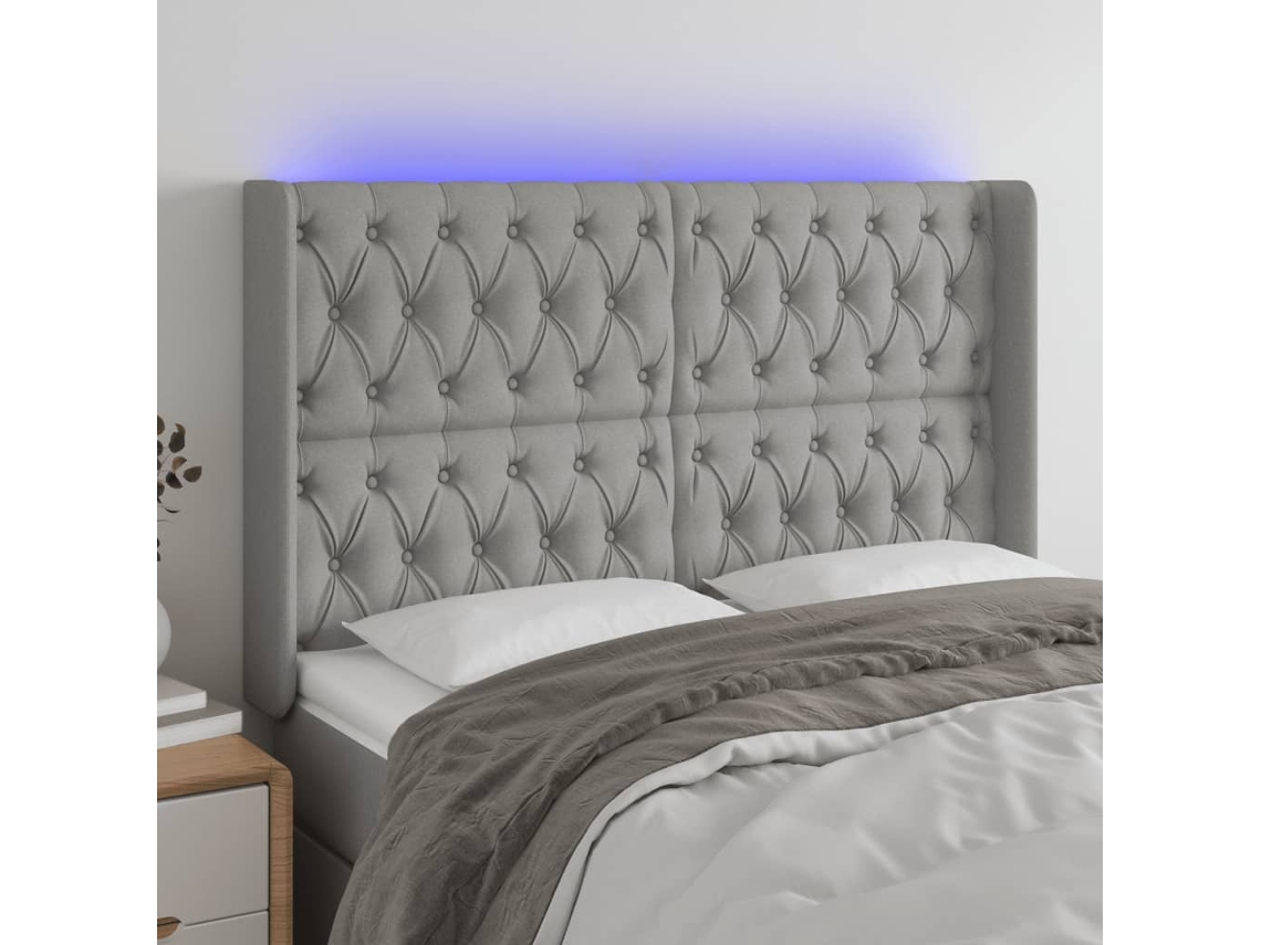 Vidaxl Cabeceira Cama C/ Luzes Led Tecido 147x16x118/128cm Cinza-claro