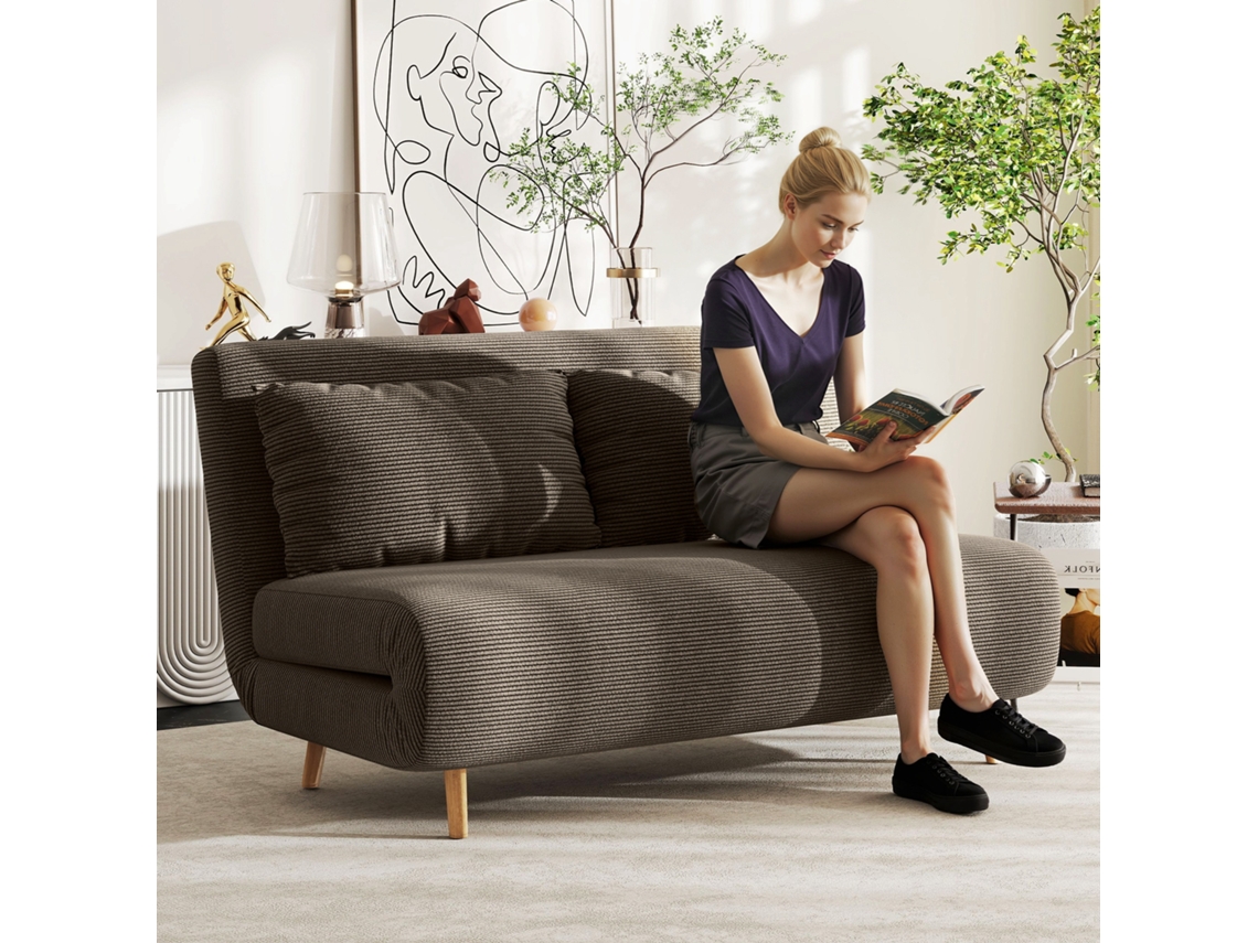 Sofá-camas, Cama De Convidados, Encosto Ajustável Em 3 Posições, Padrão Corda, Até 120 Kg, 141 X 90 X 81 Cm, Marrom Escuro