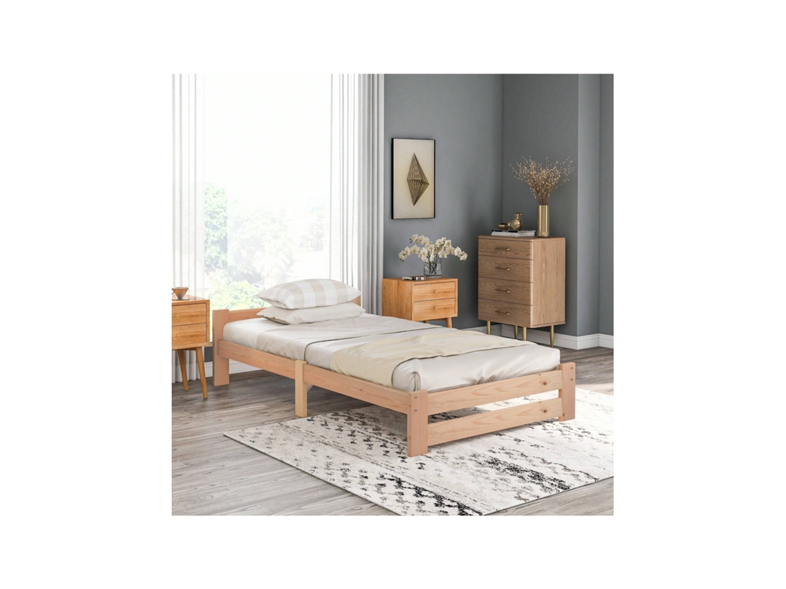 Cama De Madeira Maciça Futon Com Cabeceira E Ripas, Natural Ehstmind (200x90cm)