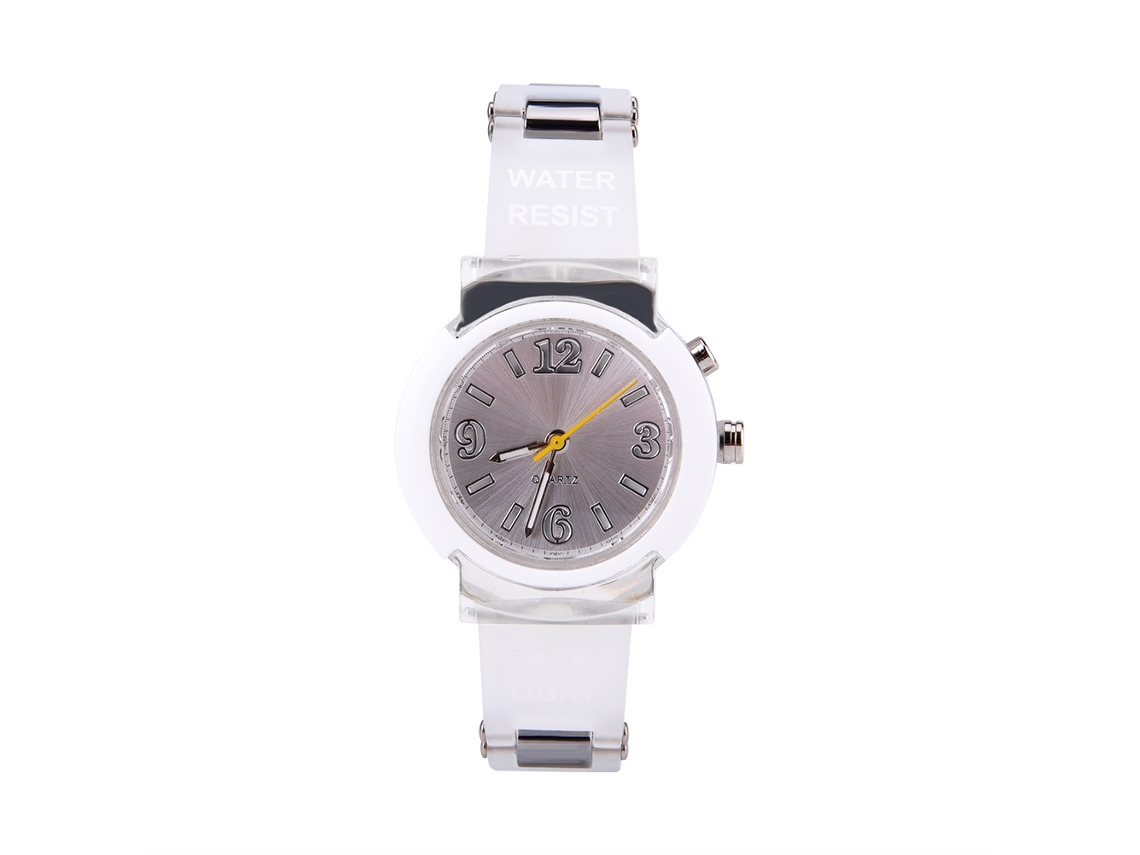 Relógio de Pulso Analógico Quartz com Led Piscante Pulseira de Resina Branco Transparente