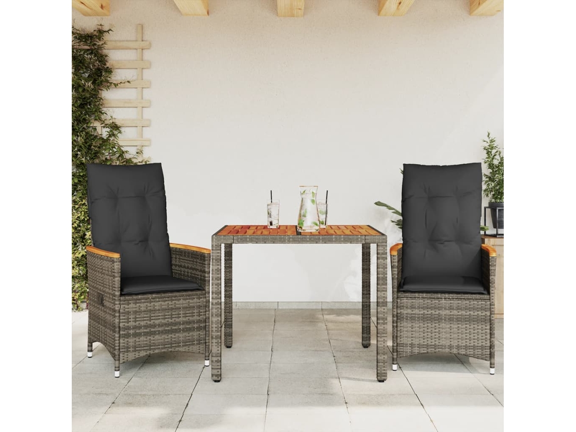 Vidaxl 3 Pcs Conjunto Bistrô Com Almofadões Vime Pe Cinza